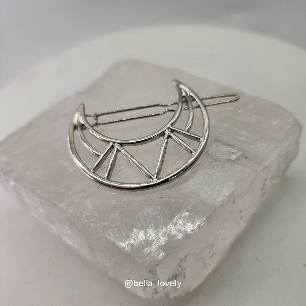 Crescent Moon Geometric Hair Pin Barrette Clip Silver Toned